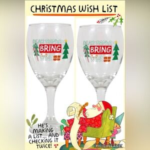 New Set of 2 “Dear Santa Bring Wine” Glasses, 10-oz.
